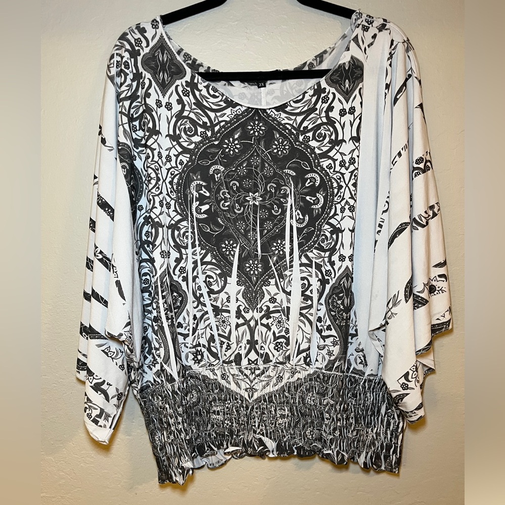 Vintage Design Works Kimono Blouse Cinched Waist Black White Geometric Flowy 2X
